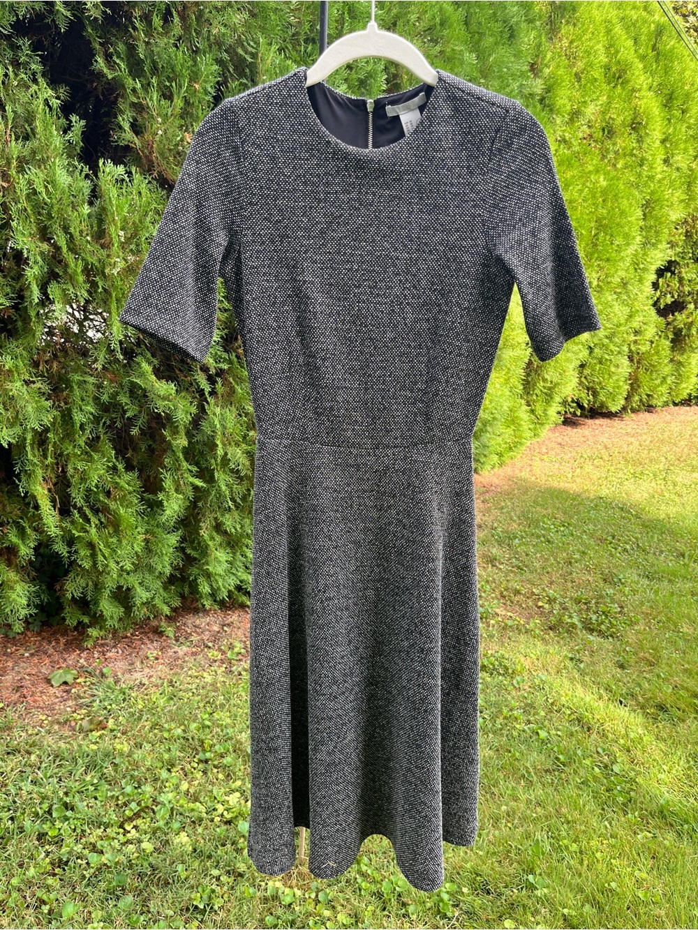 H&M Black White Tweed Knit Fit-and-Flare Midi Dress